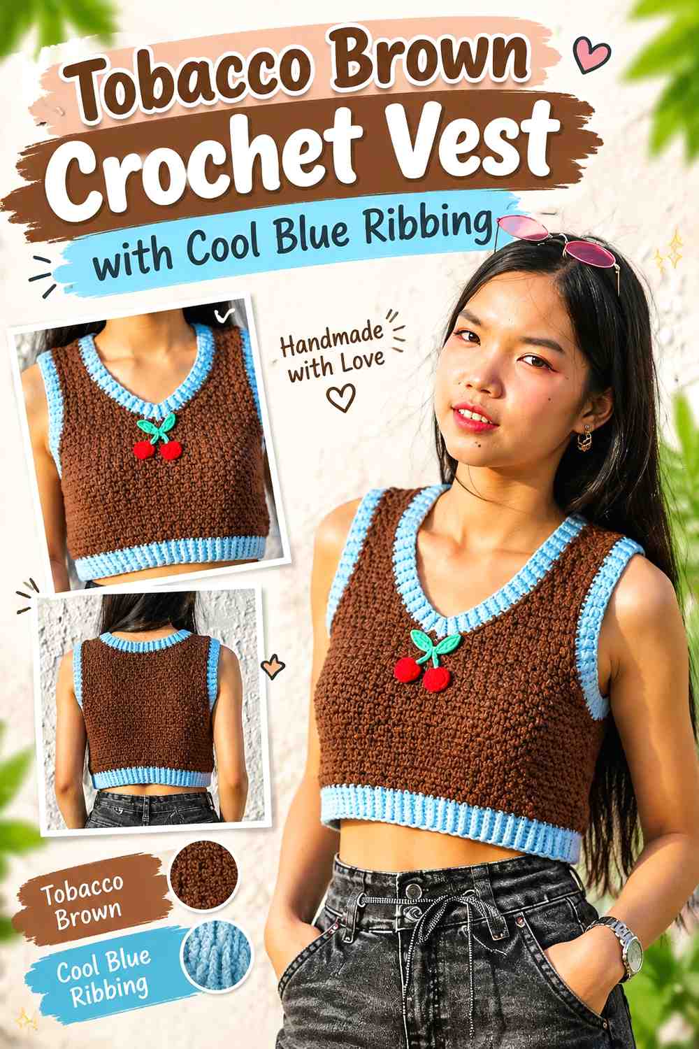 11. Tobacco Brown Crochet Vest With Cool Blue Ribbing