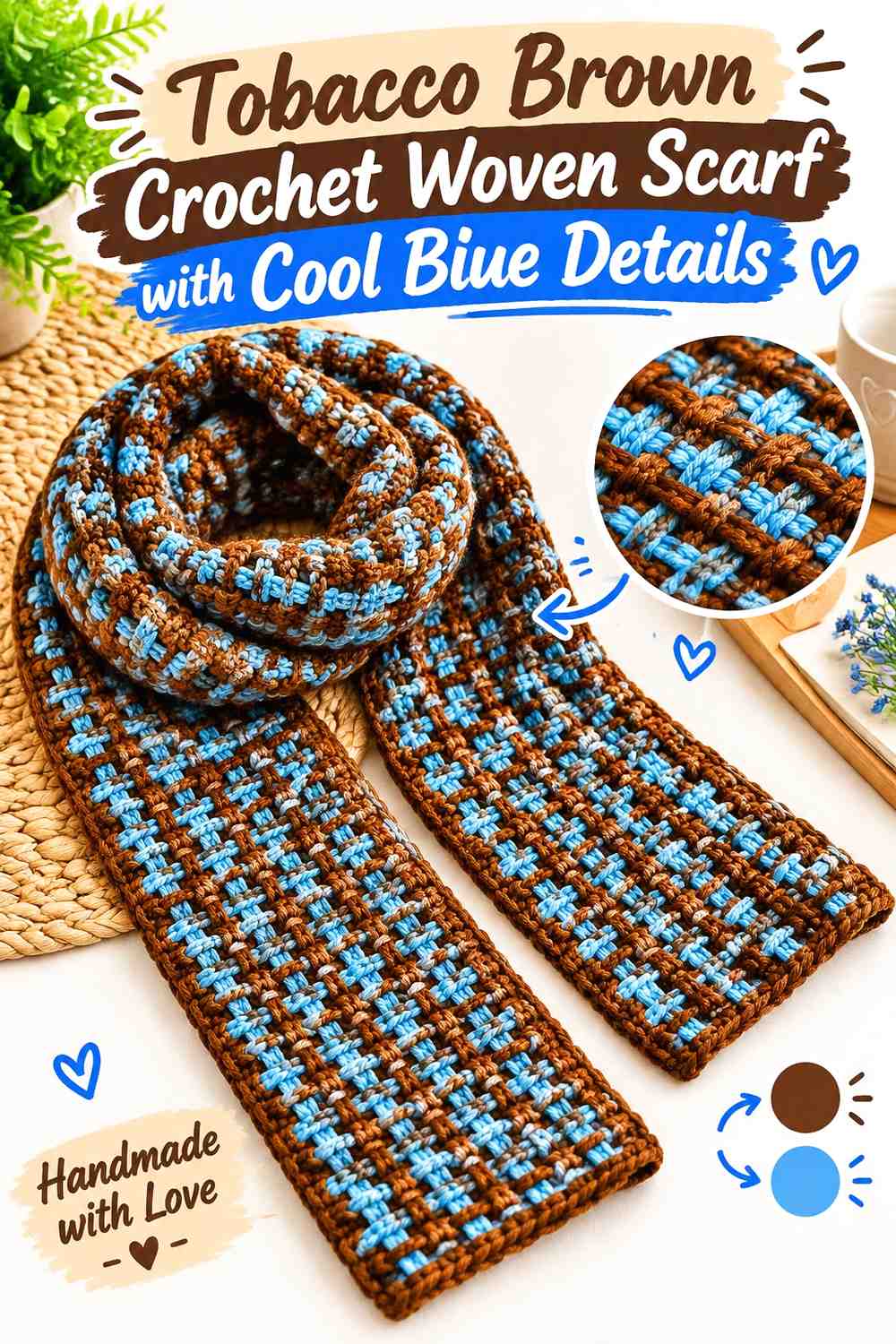 3. Tobacco Brown Crochet Woven Scarf With Cool Blue Details