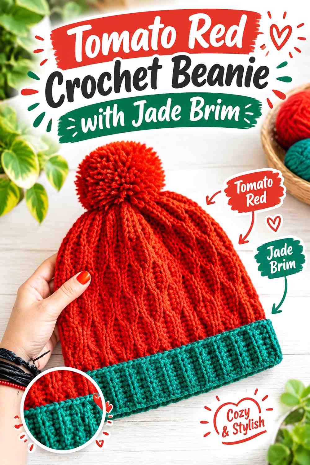 18. Tomato Red Crochet Beanie With Jade Brim