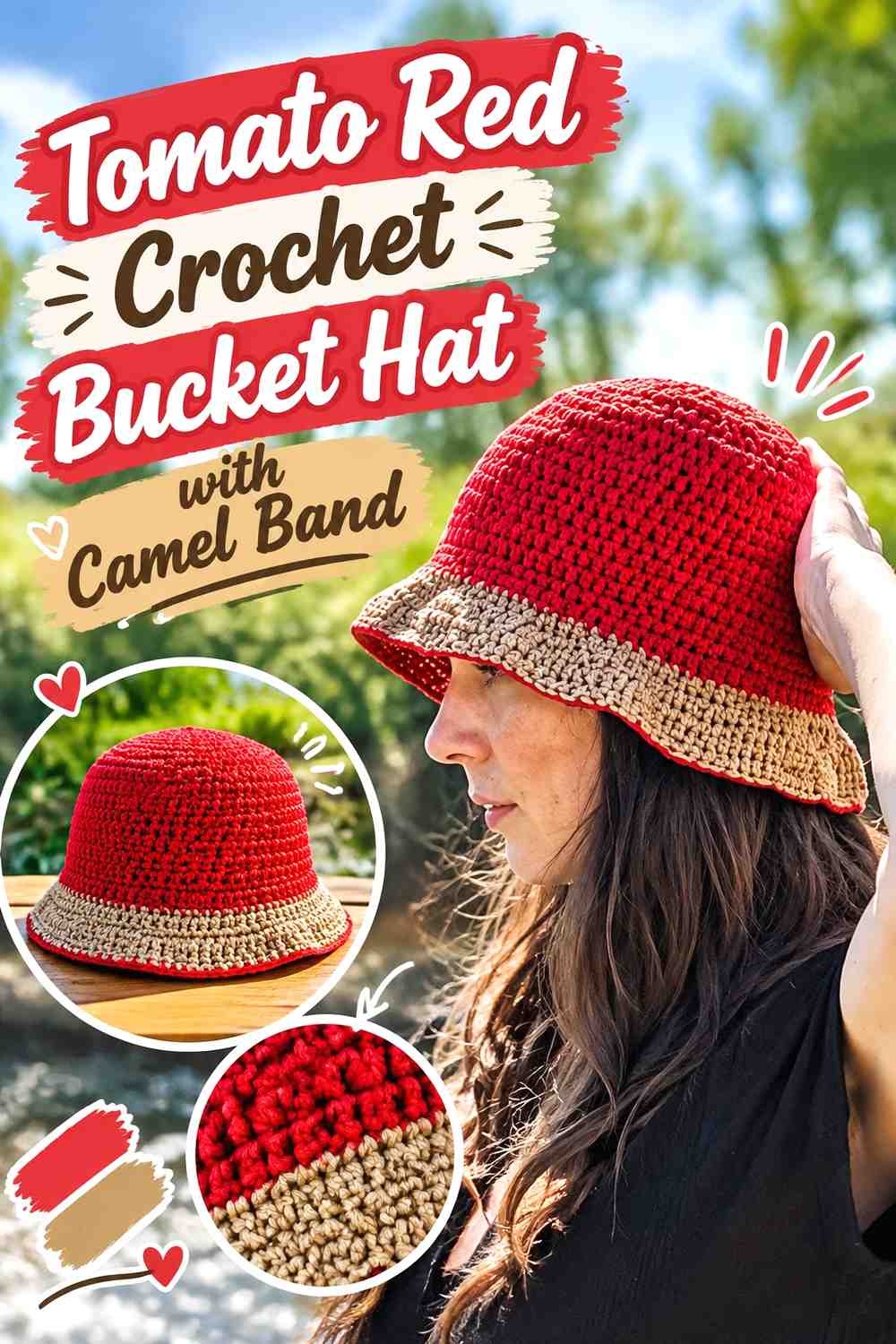 7. Tomato Red Crochet Bucket Hat With Camel Band
