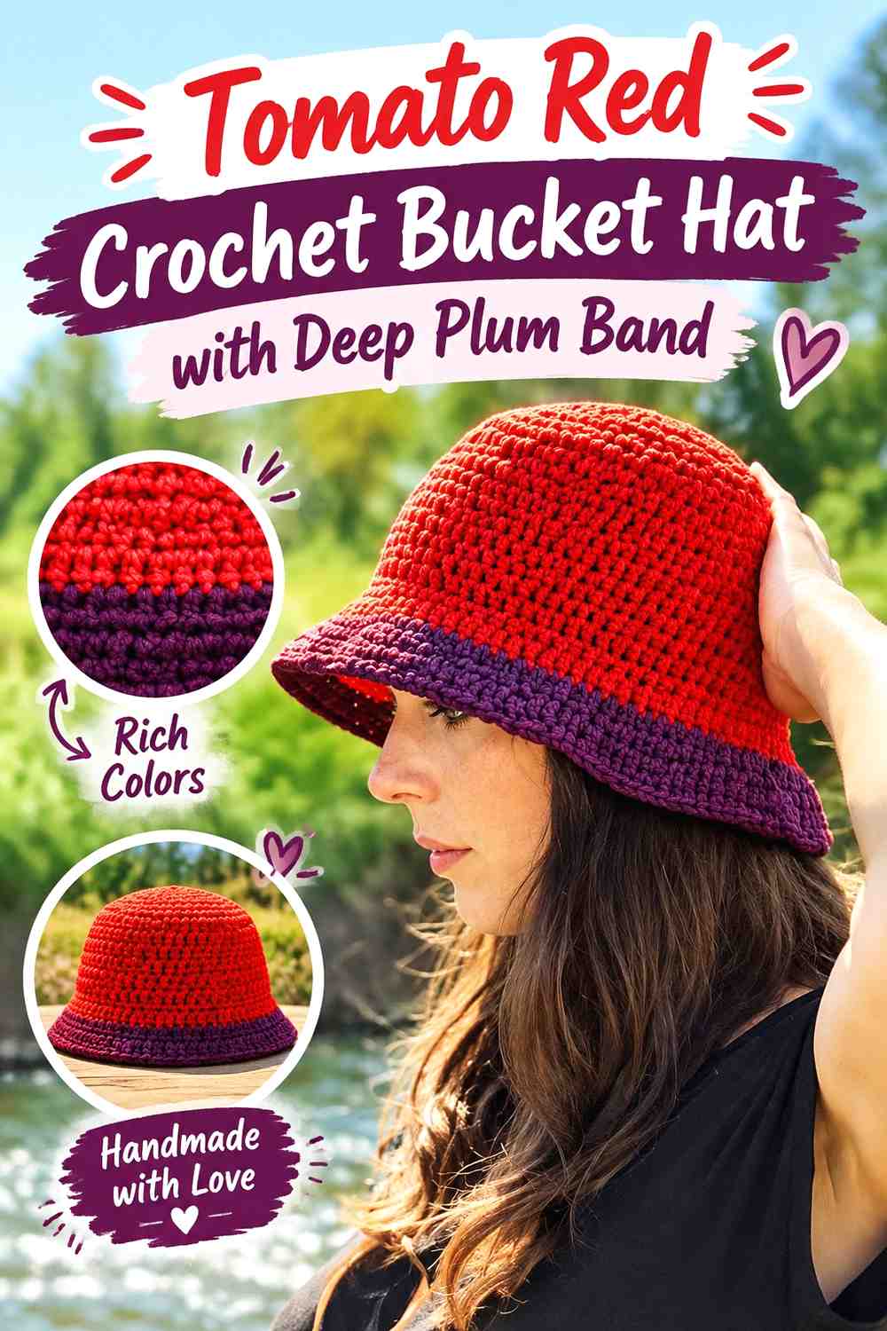 6. Tomato Red Crochet Bucket Hat With Deep Plum Band