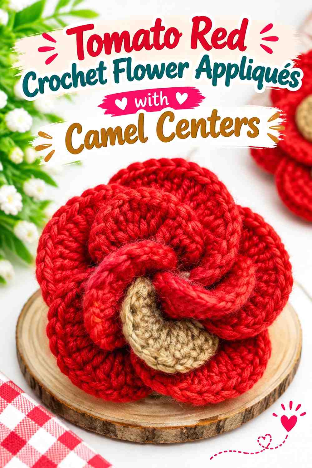 10. Tomato Red Crochet Flower Appliques With Camel Centers