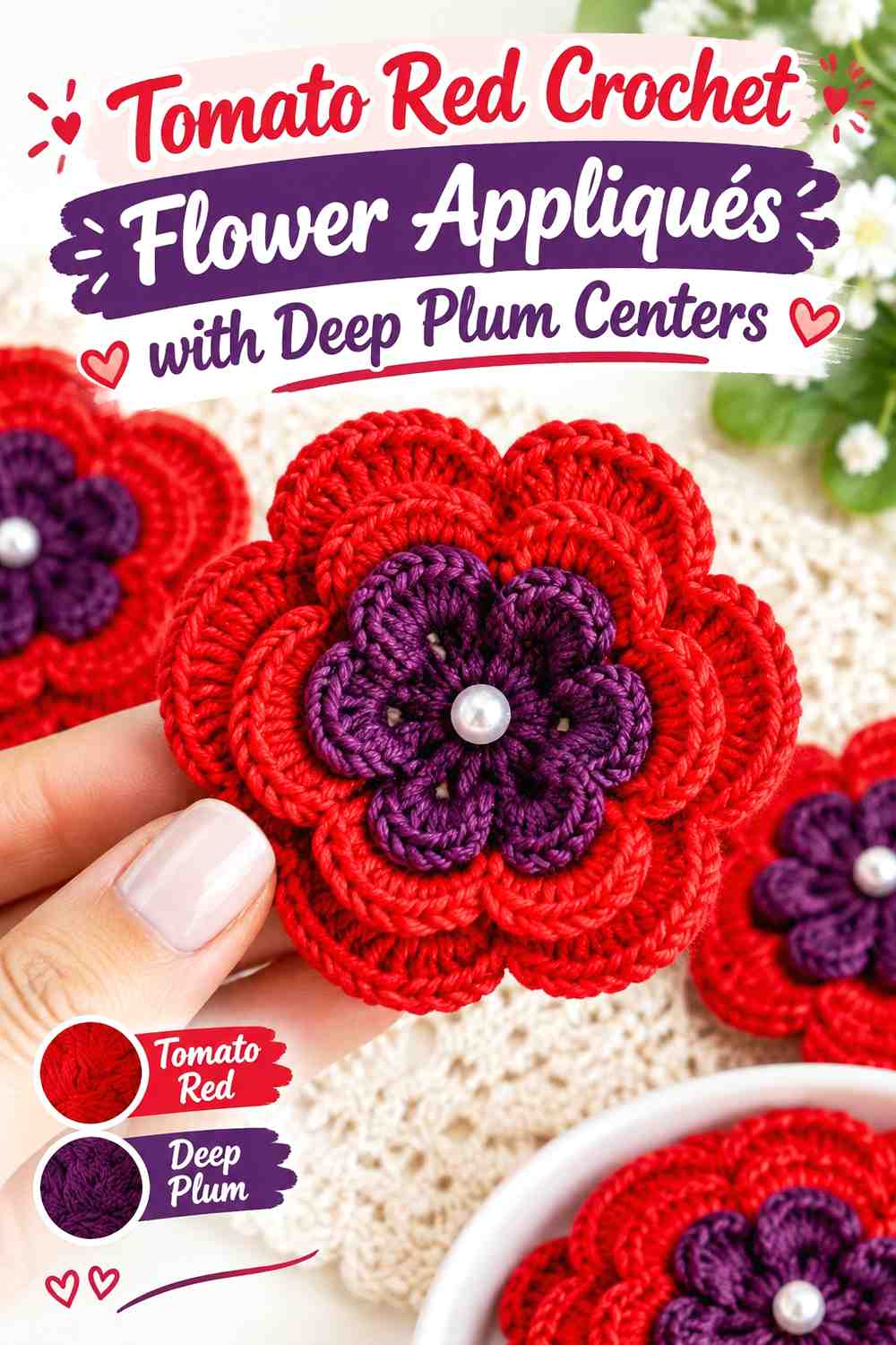 9. Tomato Red Crochet Flower Appliques With Deep Plum Centers