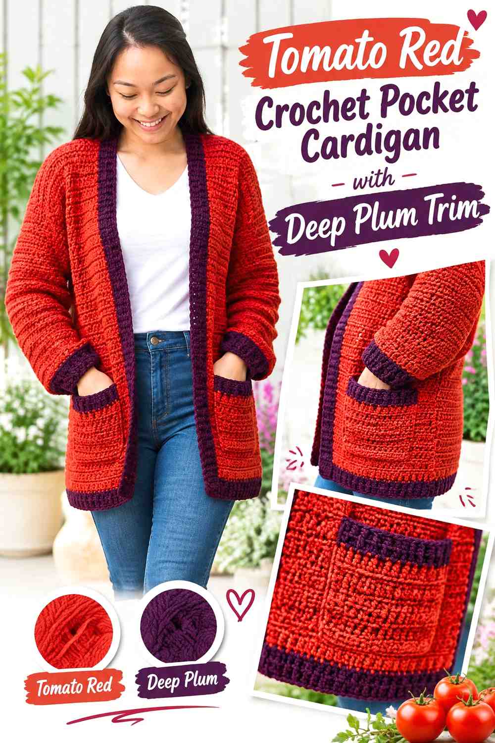 2. Tomato Red Crochet Pocket Cardigan With Deep Plum Trim