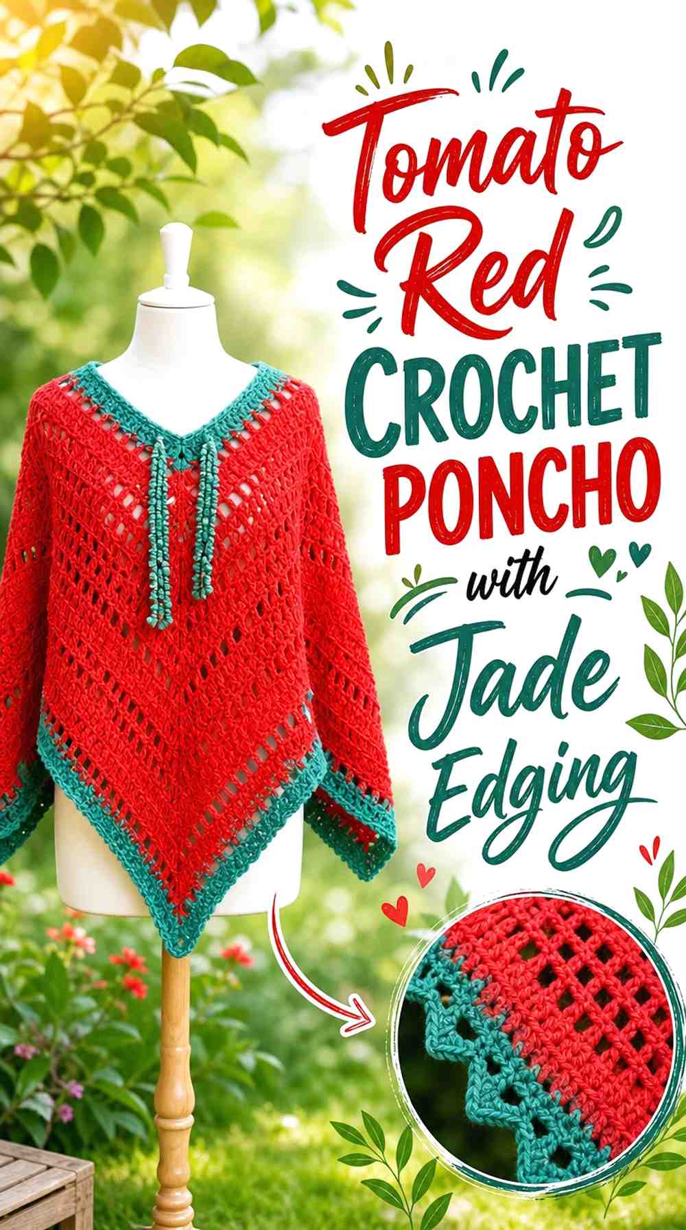 11. Tomato Red Crochet Poncho With Jade Edging
