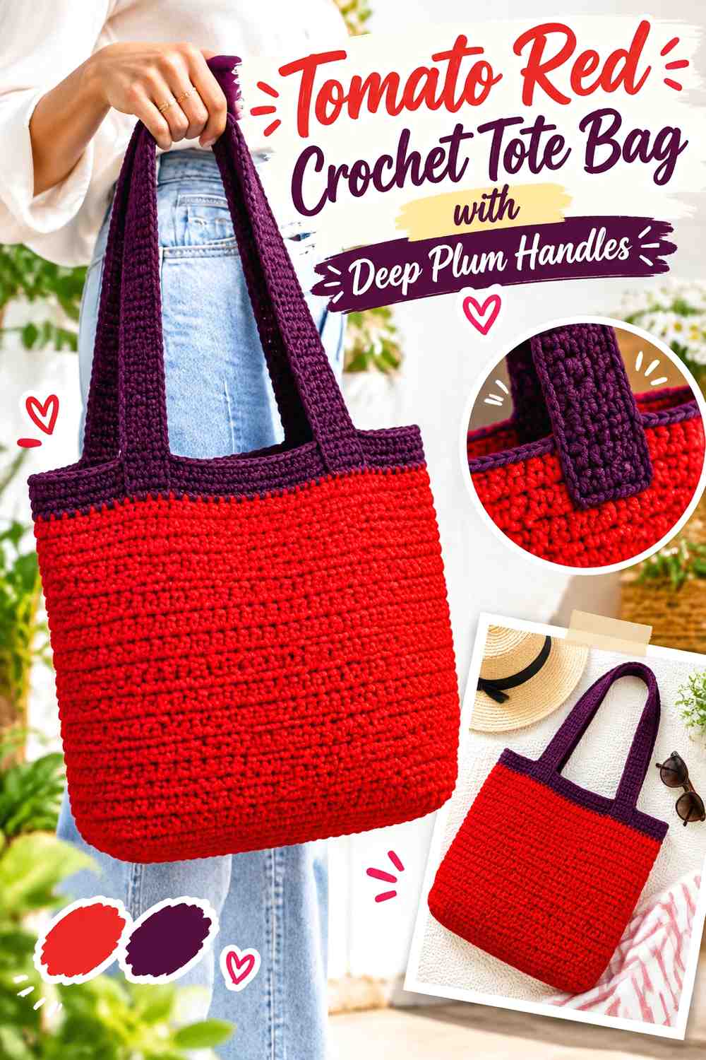16. Tomato Red Crochet Tote Bag With Deep Plum Handles