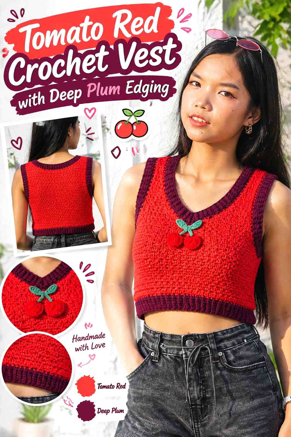 7. Tomato Red Crochet Vest With Deep Plum Edging