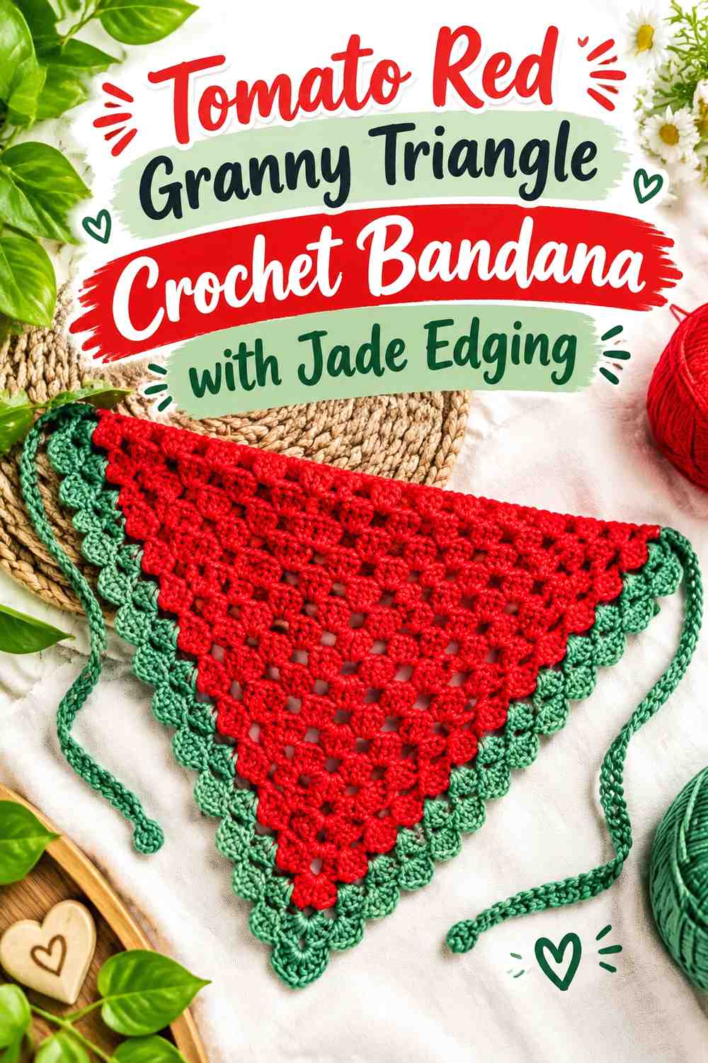 15. Tomato Red Granny Triangle Crochet Bandana With Jade Edging