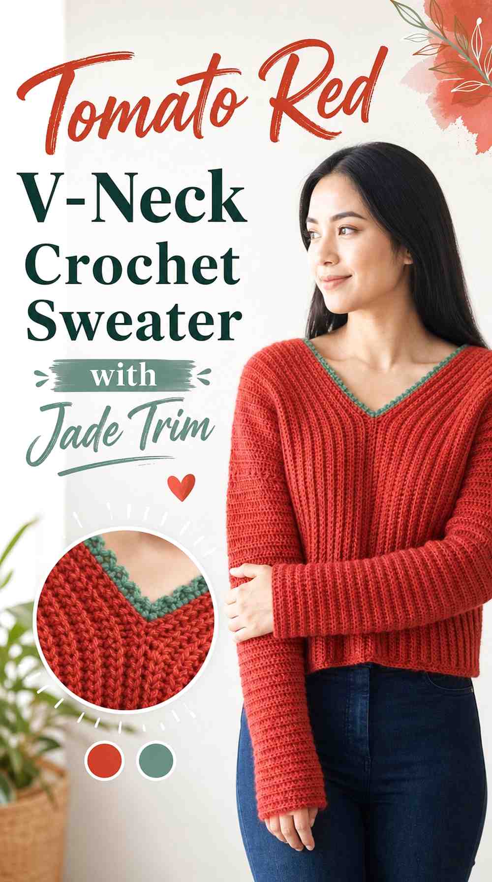5. Tomato Red V Neck Crochet Sweater With Jade Trim