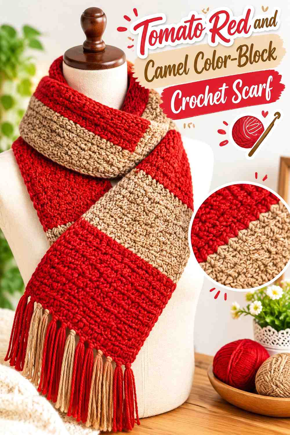 5. Tomato Red And Camel Color Block Crochet Scarf