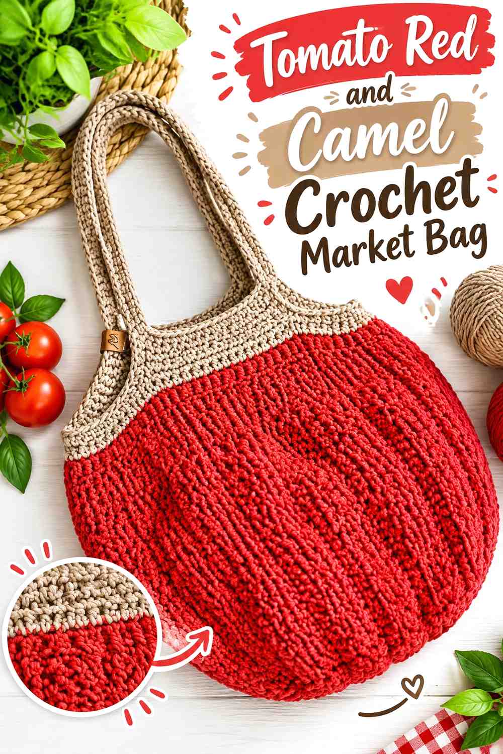 13. Tomato Red And Camel Crochet Market Bag