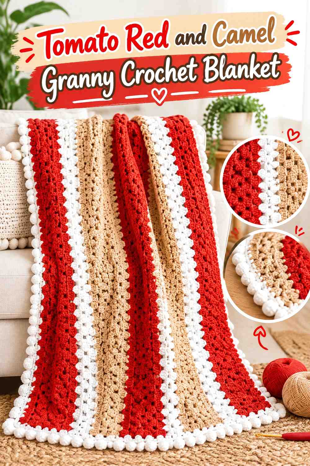 1. Tomato Red And Camel Granny Crochet Blanket