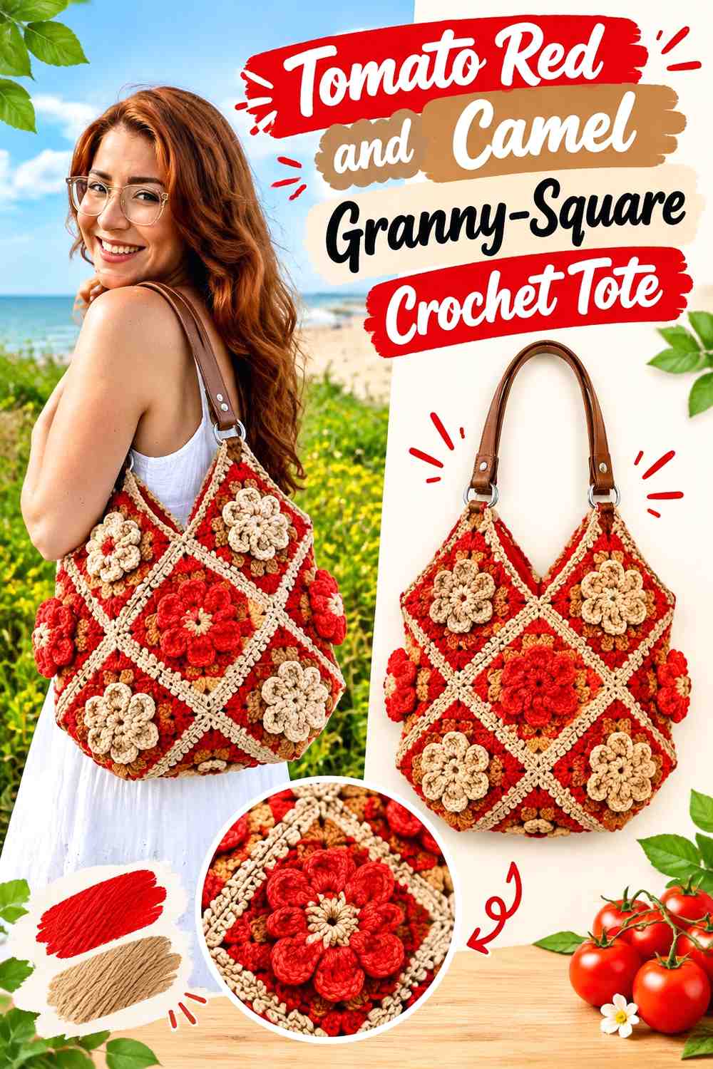 3. Tomato Red And Camel Granny Square Crochet Tote