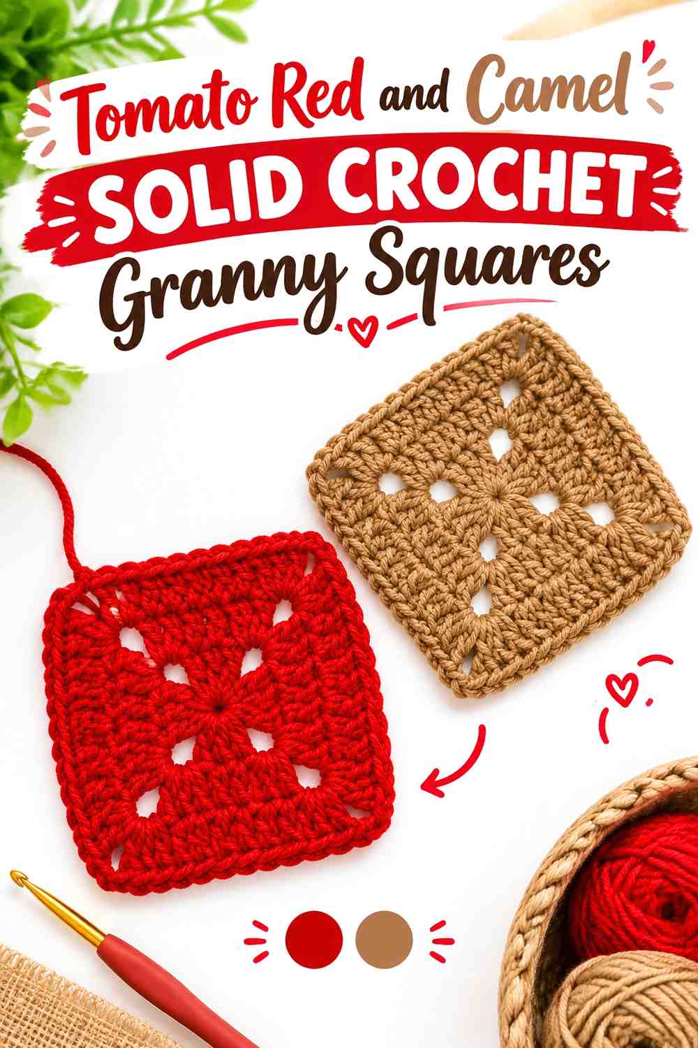 9. Tomato Red And Camel Solid Crochet Granny Squares