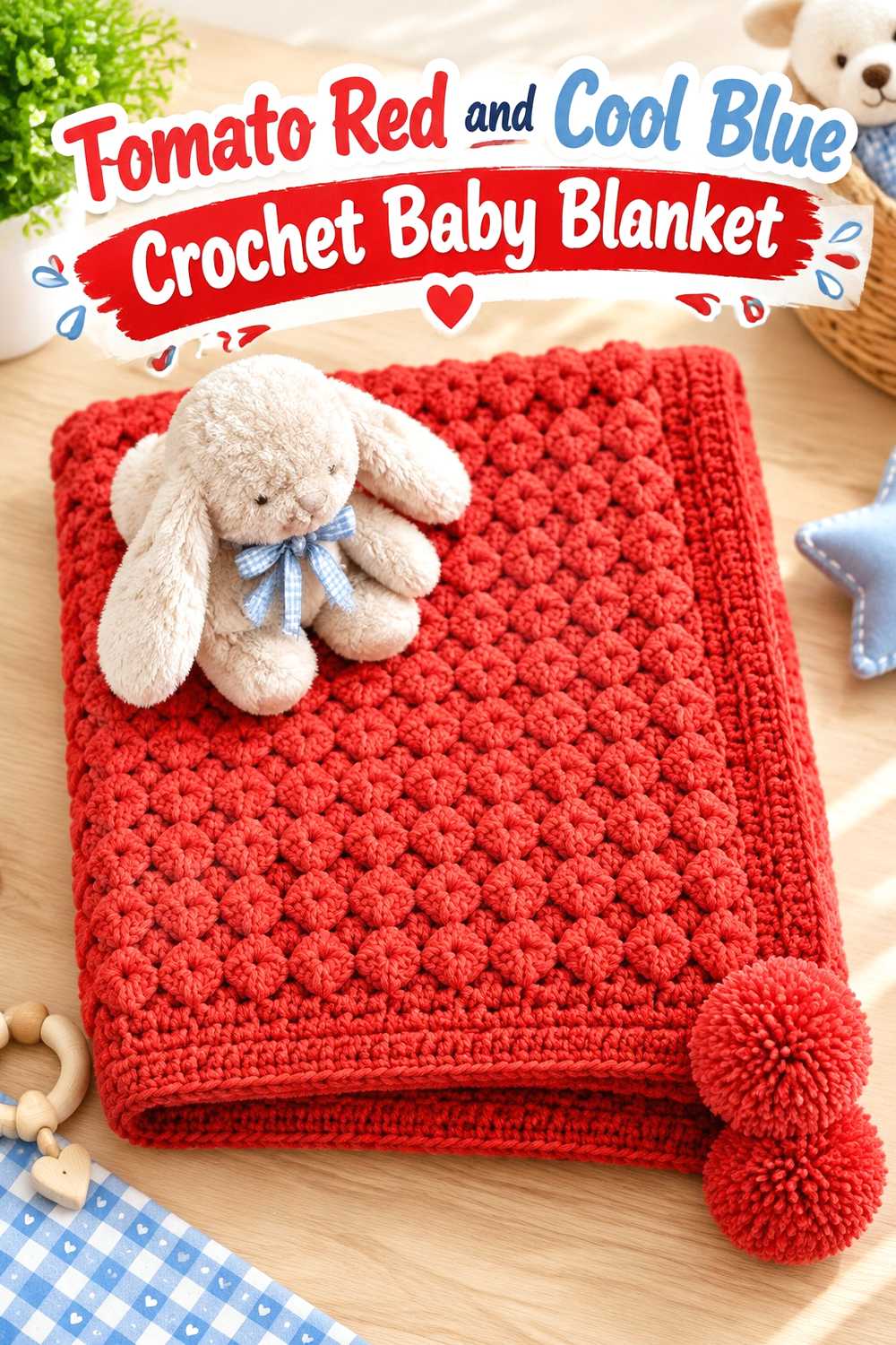 3. Tomato Red And Cool Blue Crochet Baby Blanket