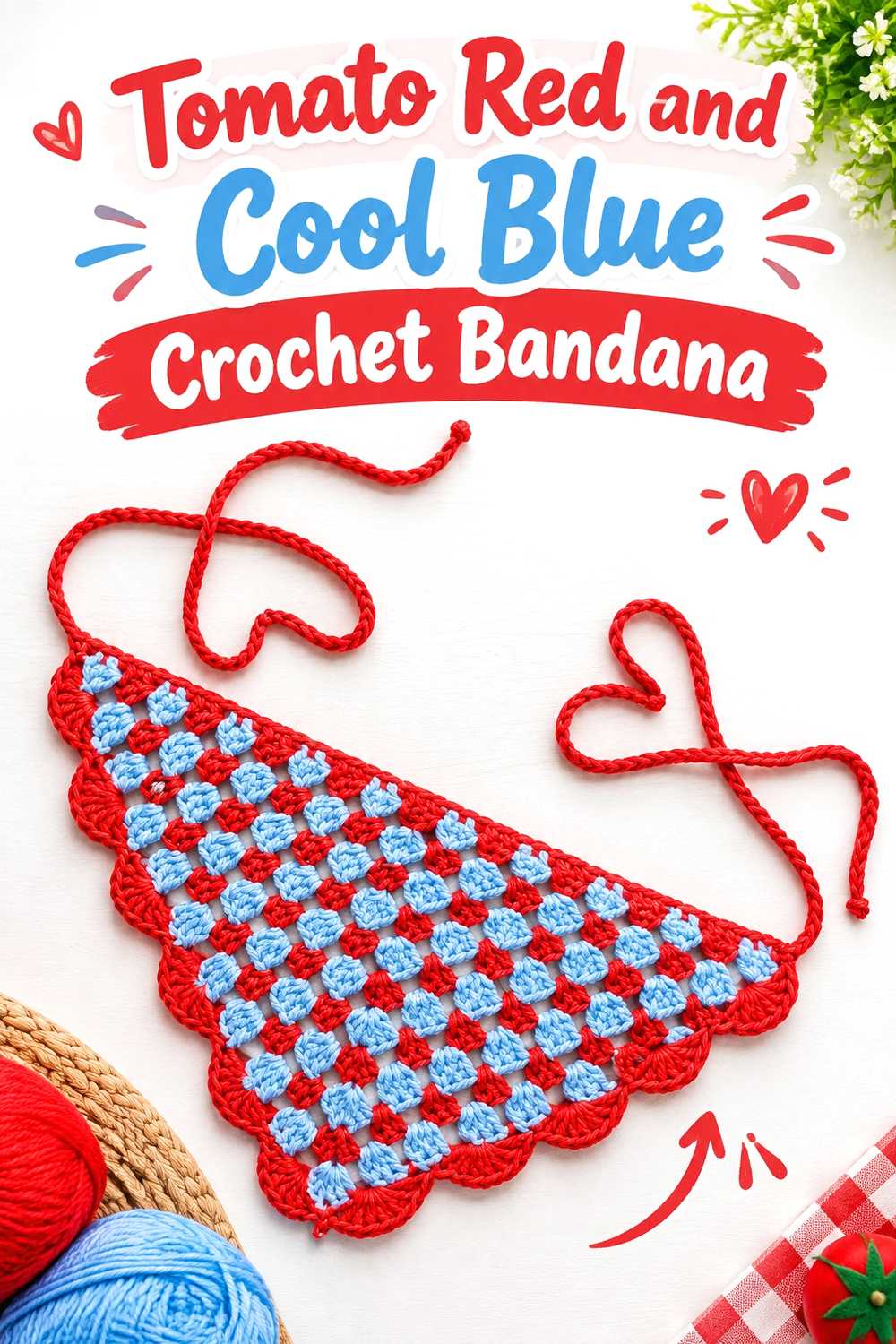 10. Tomato Red And Cool Blue Crochet Bandana