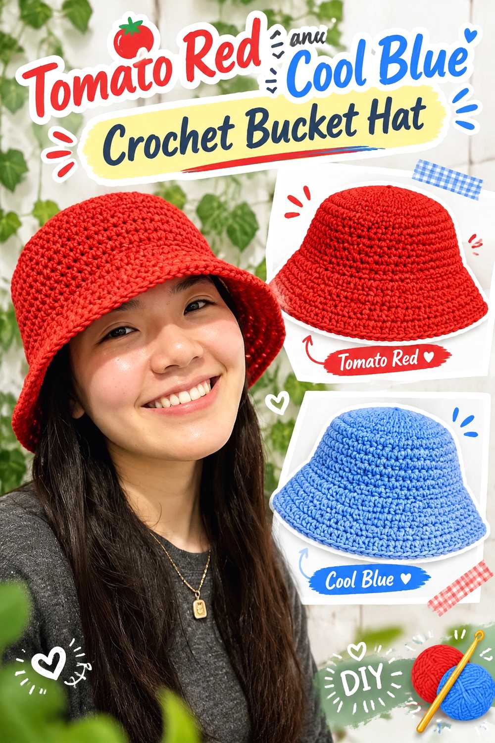 1. Tomato Red And Cool Blue Crochet Bucket Hat