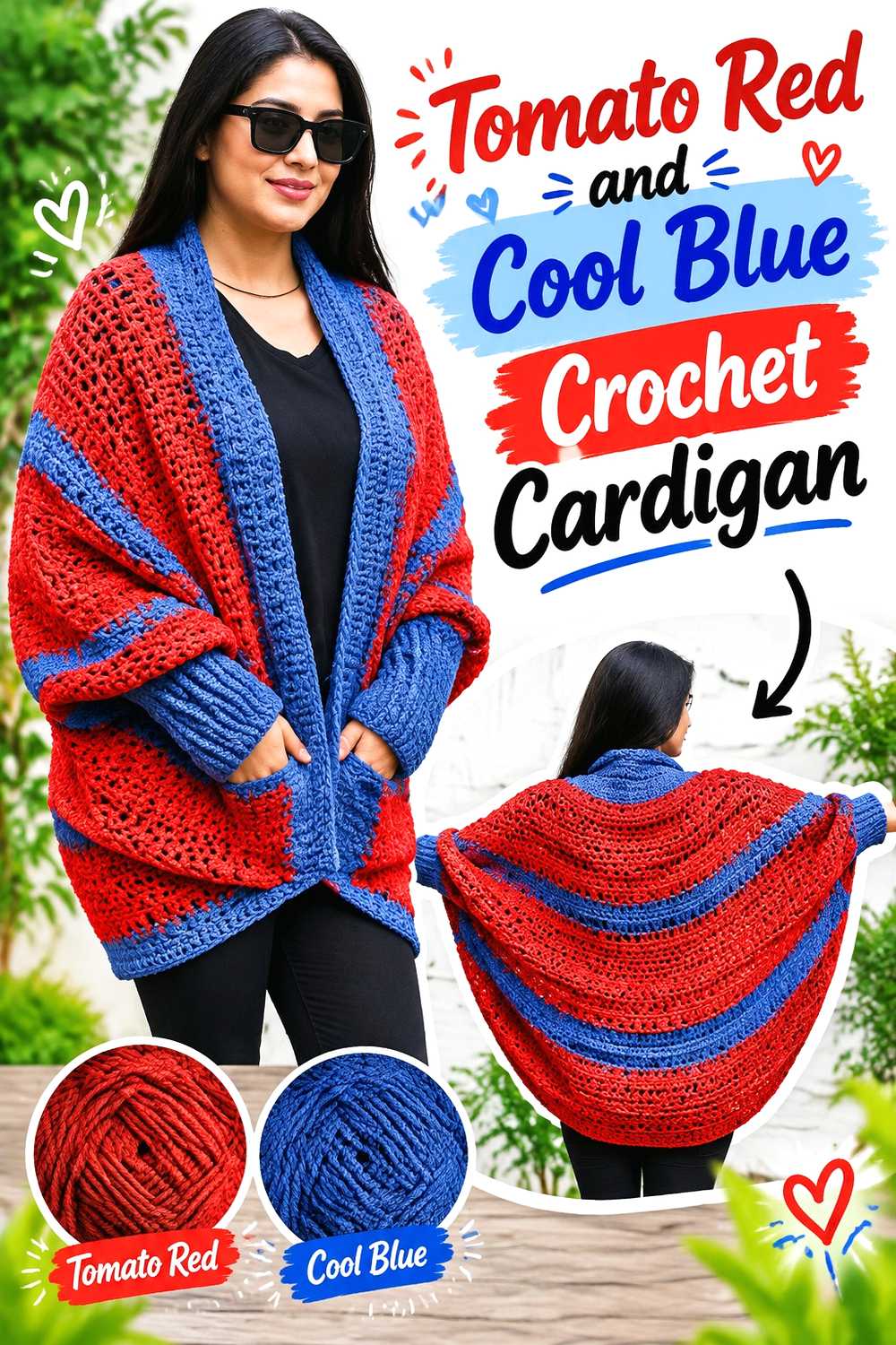 2. Tomato Red And Cool Blue Crochet Cardigan