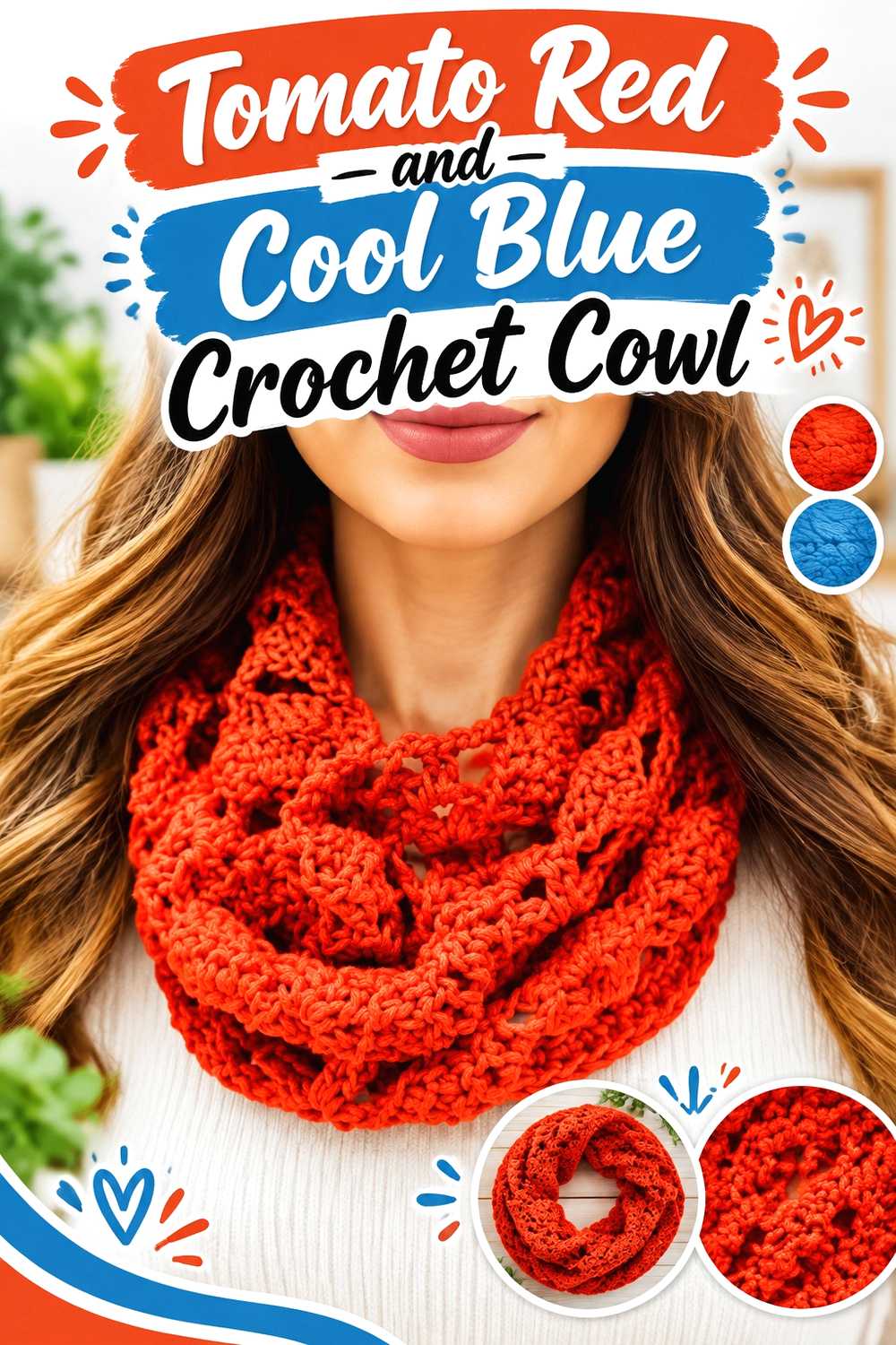 7. Tomato Red And Cool Blue Crochet Cowl