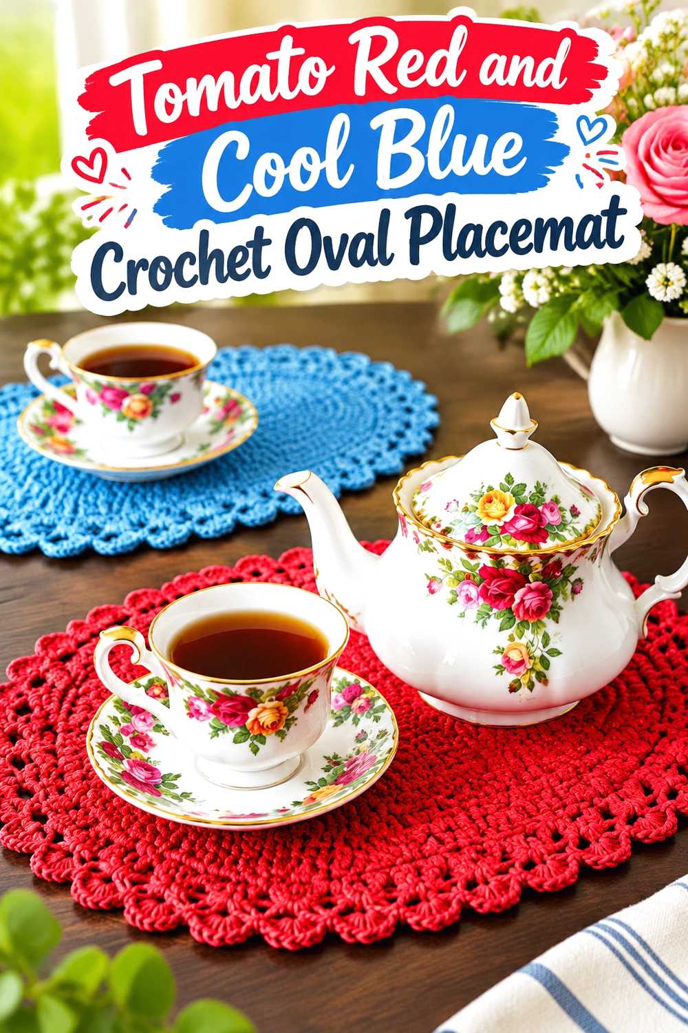 4. Tomato Red And Cool Blue Crochet Oval Placemat