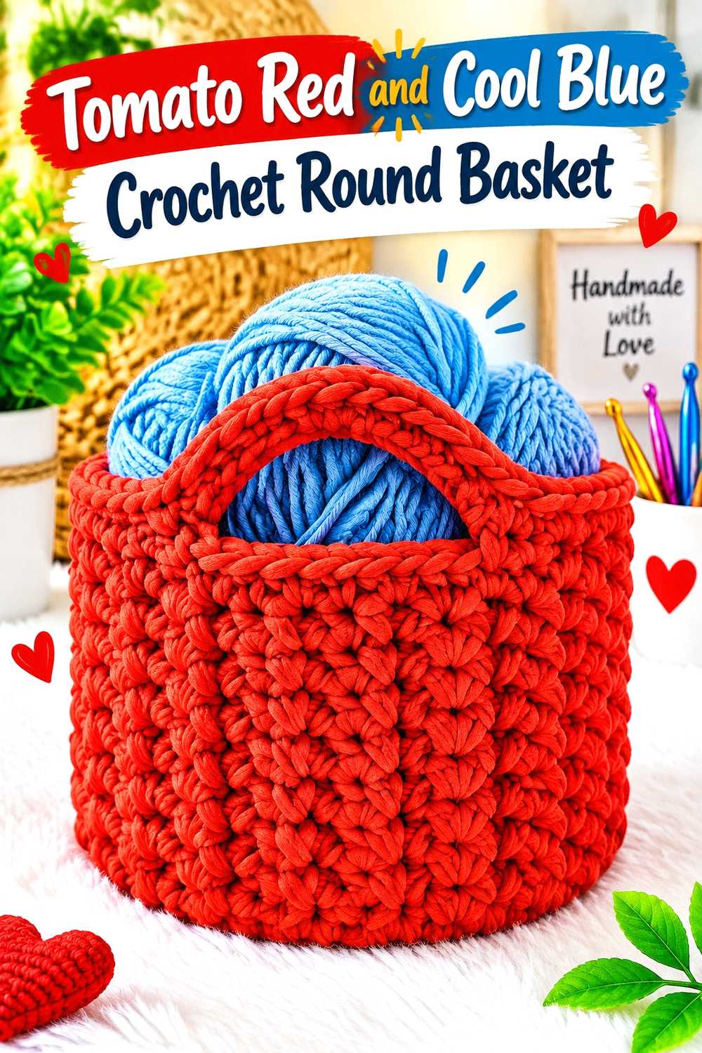 13. Tomato Red And Cool Blue Crochet Round Basket