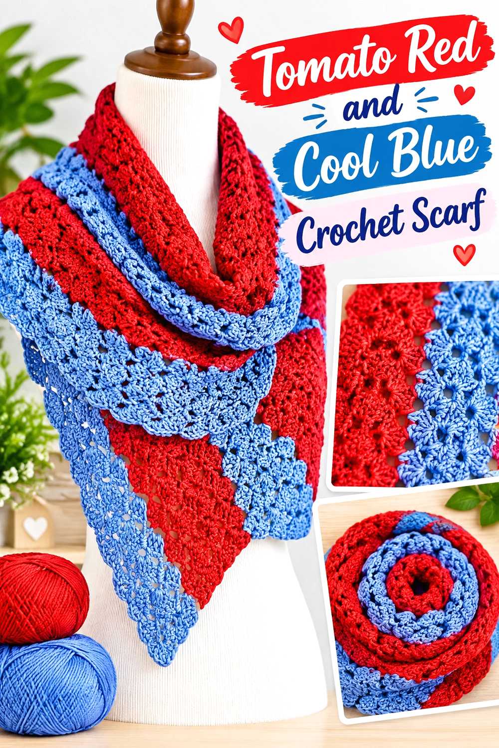 12. Tomato Red And Cool Blue Crochet Scarf