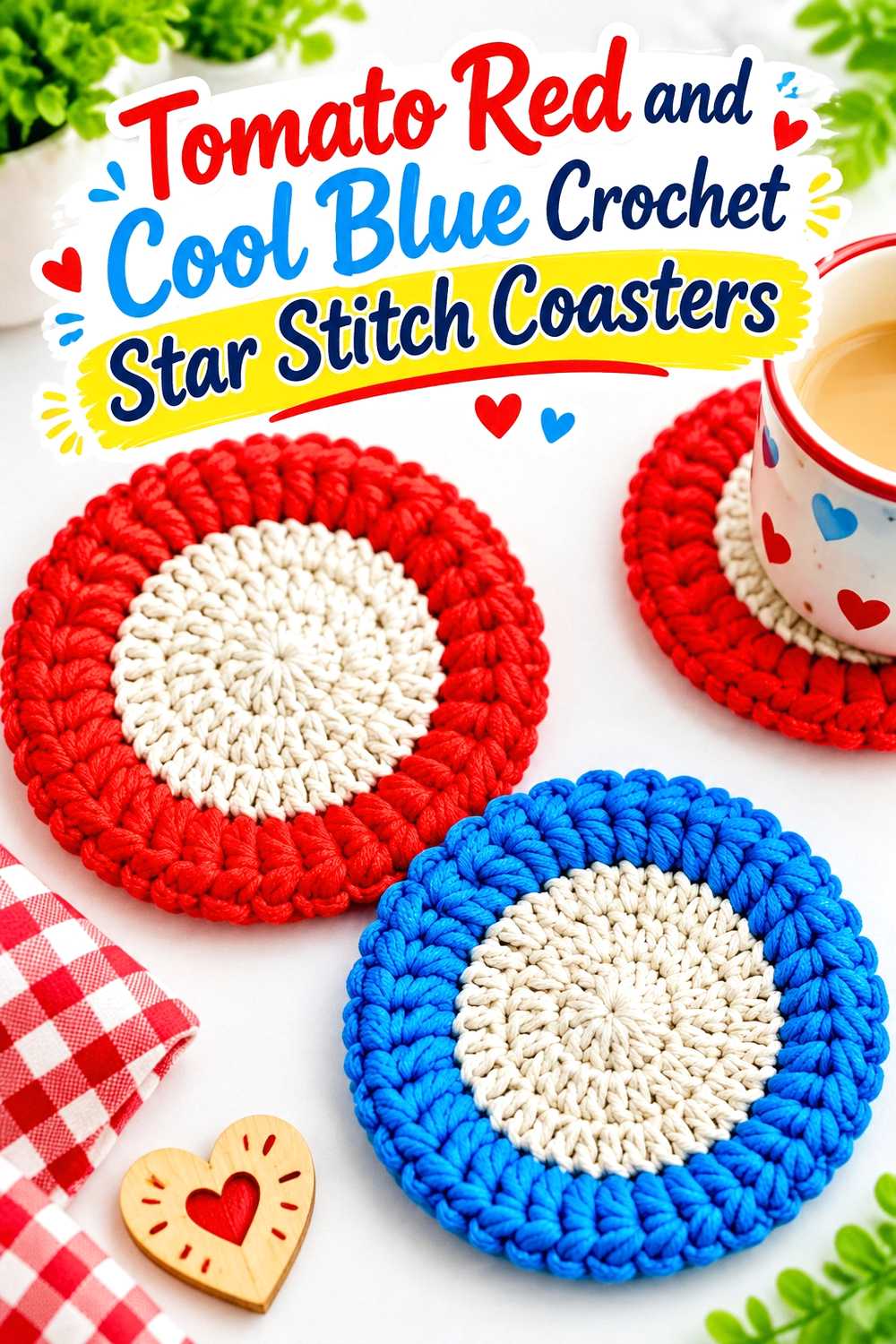 6. Tomato Red And Cool Blue Crochet Star Stitch Coasters