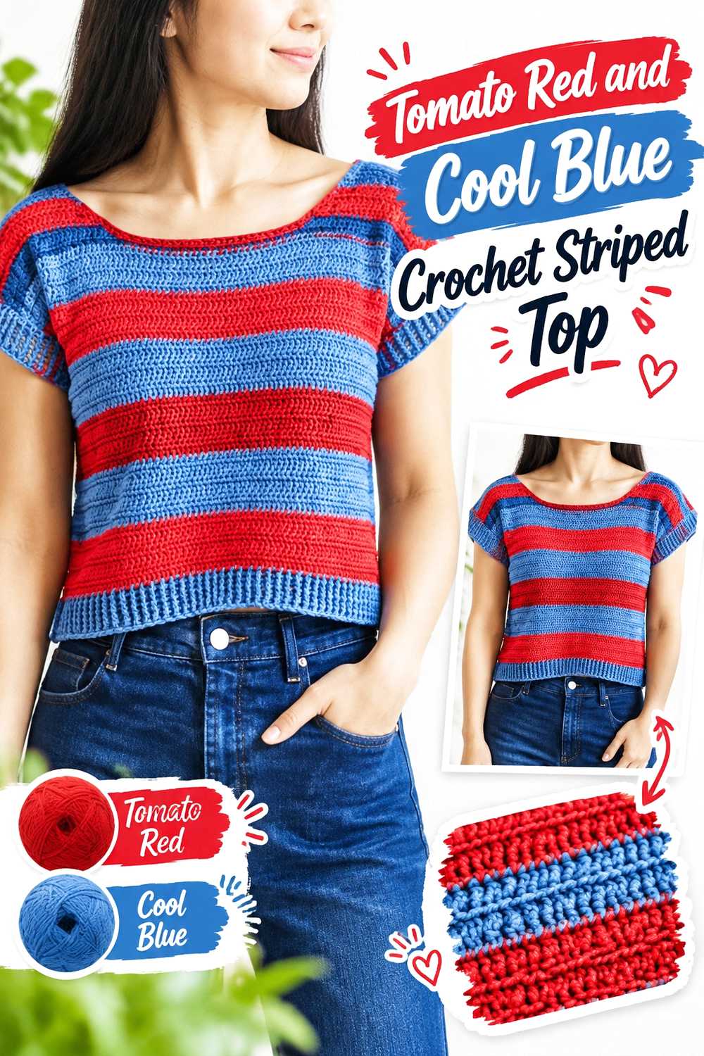 11. Tomato Red And Cool Blue Crochet Striped Top