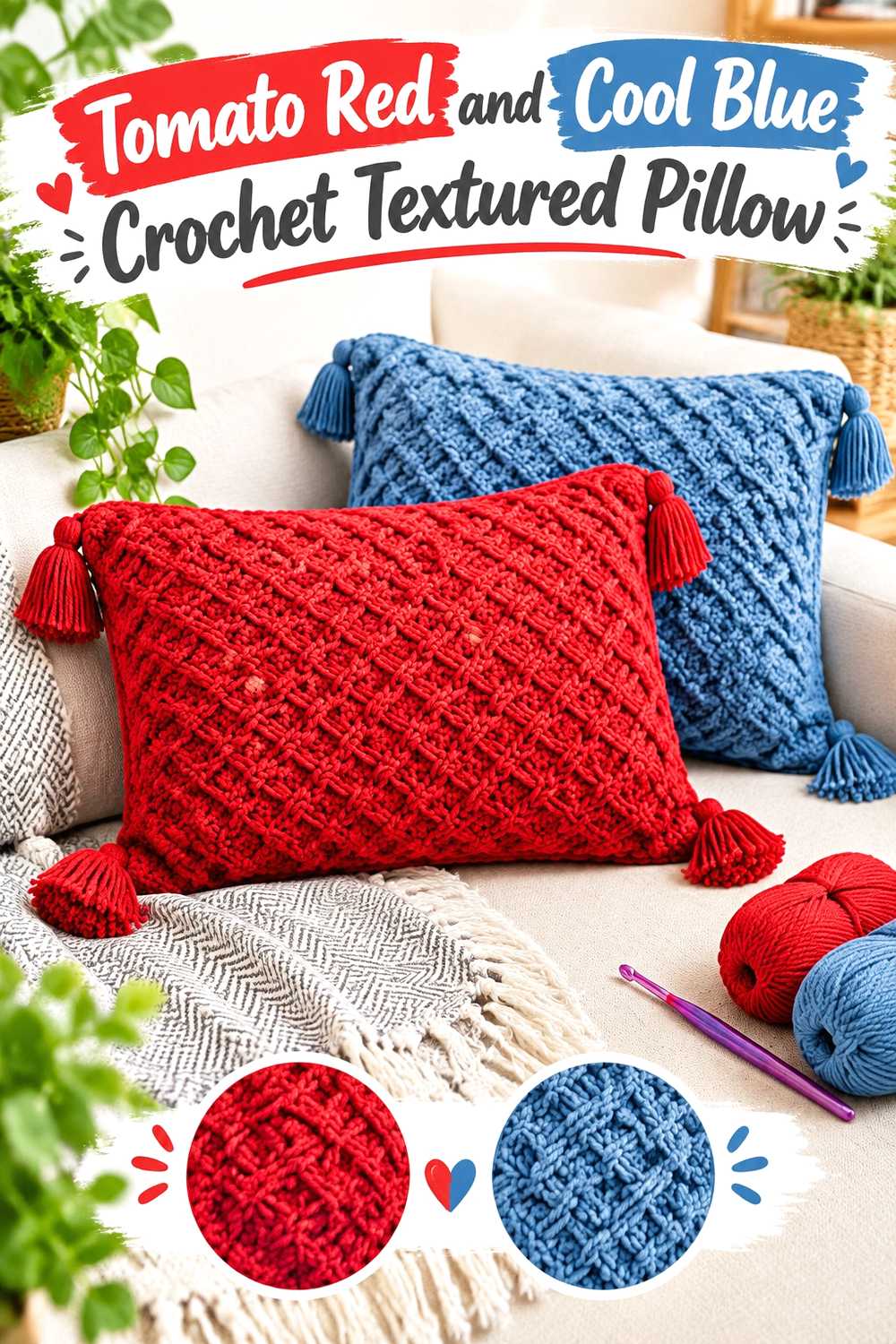 9. Tomato Red And Cool Blue Crochet Textured Pillow