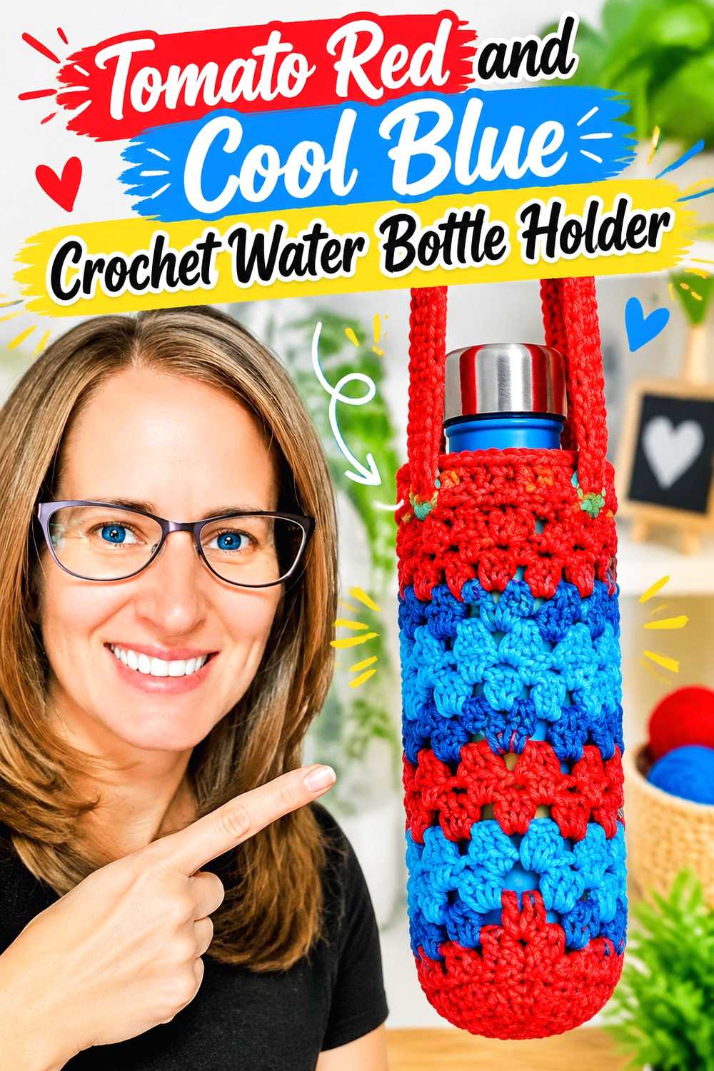 8. Tomato Red And Cool Blue Crochet Water Bottle Holder