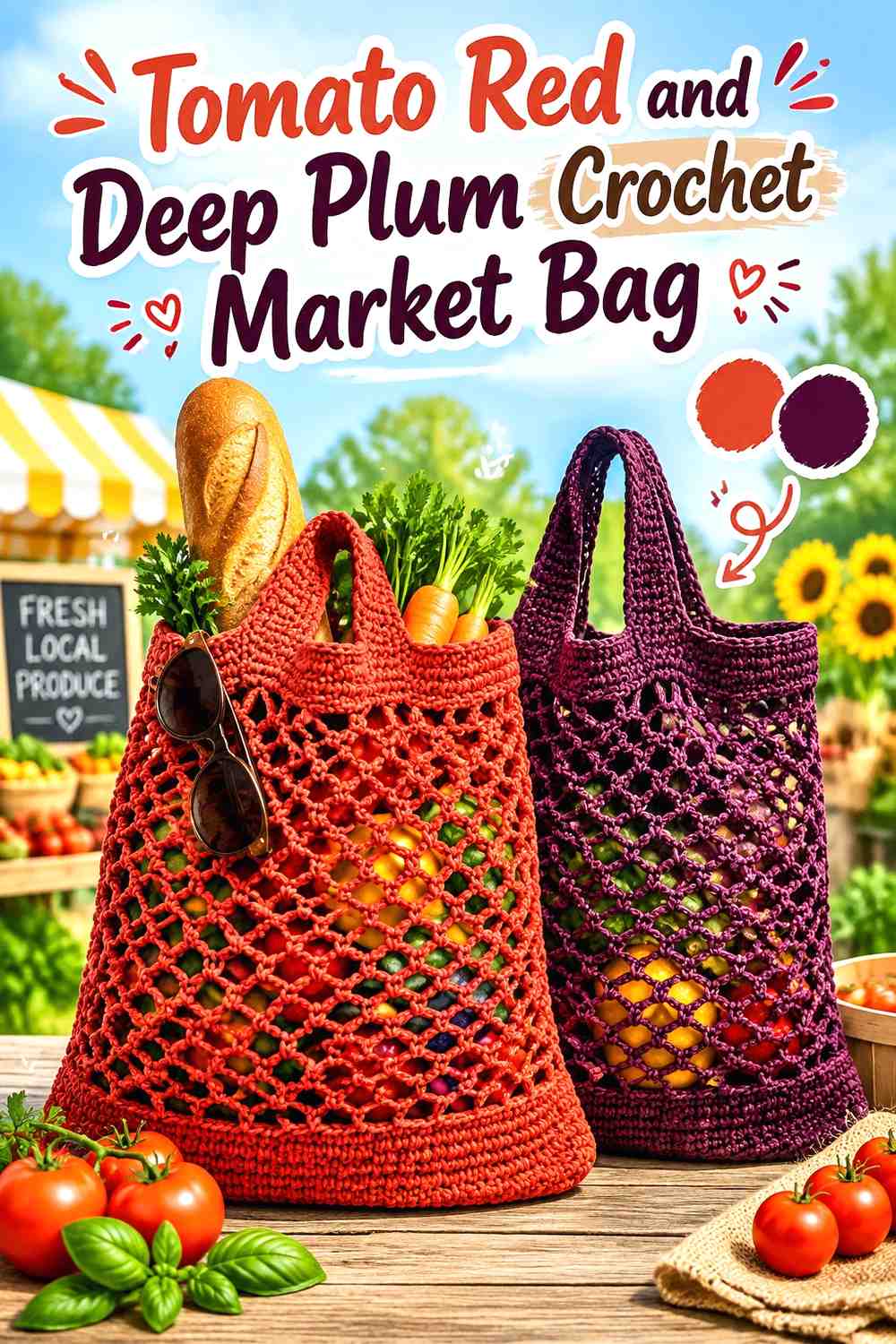13. Tomato Red And Deep Plum Crochet Market Bag