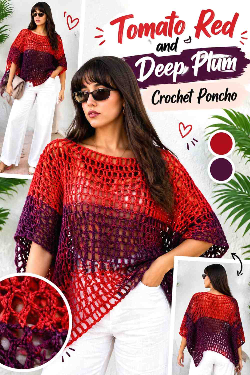 15. Tomato Red And Deep Plum Crochet Poncho