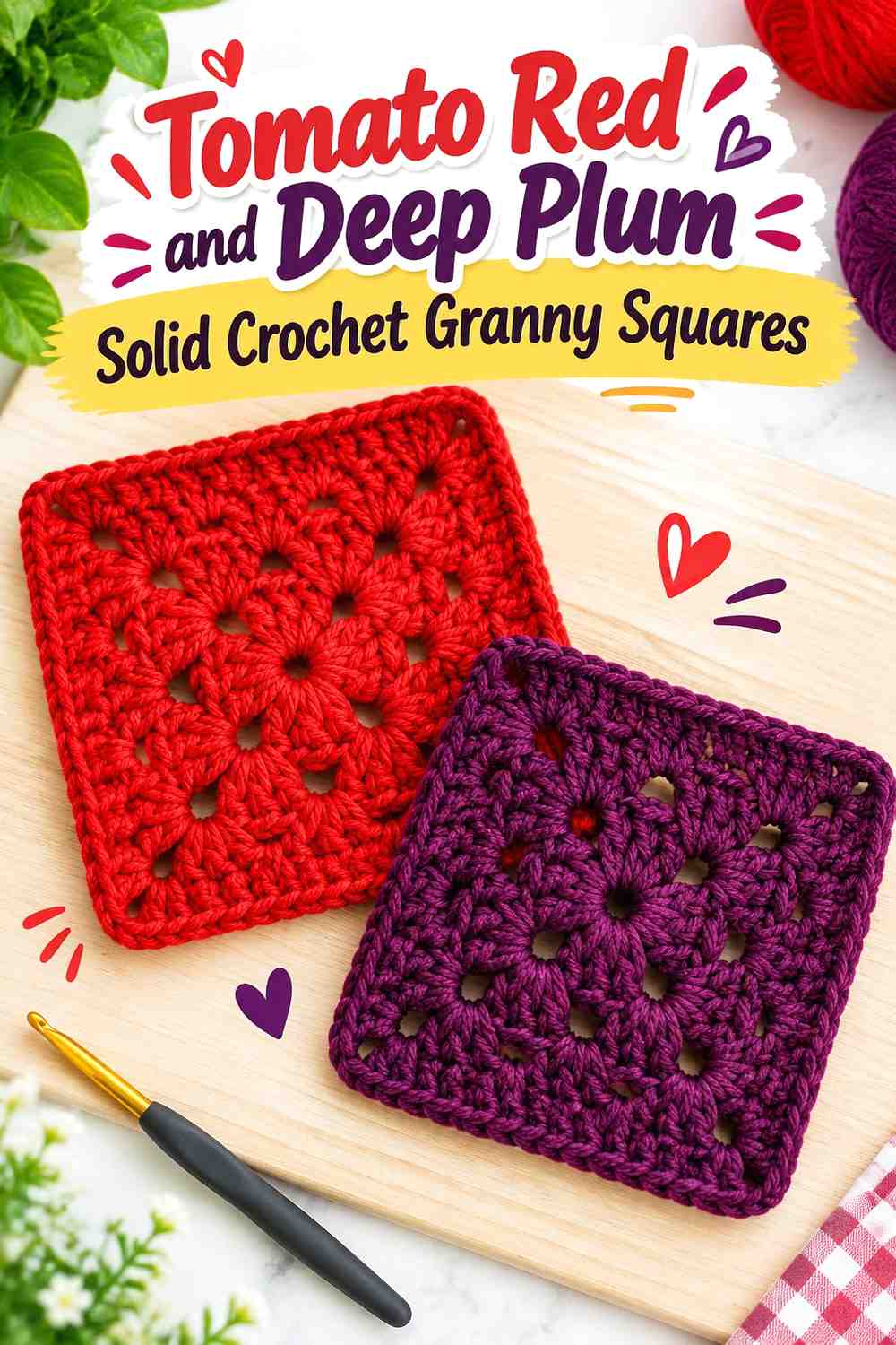 8. Tomato Red And Deep Plum Solid Crochet Granny Squares