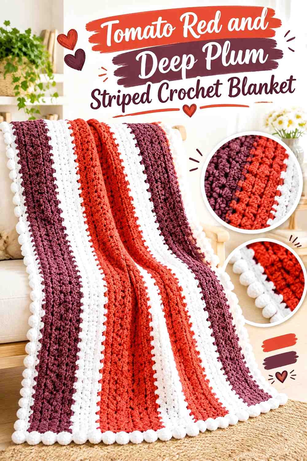 1. Tomato Red And Deep Plum Striped Crochet Blanket