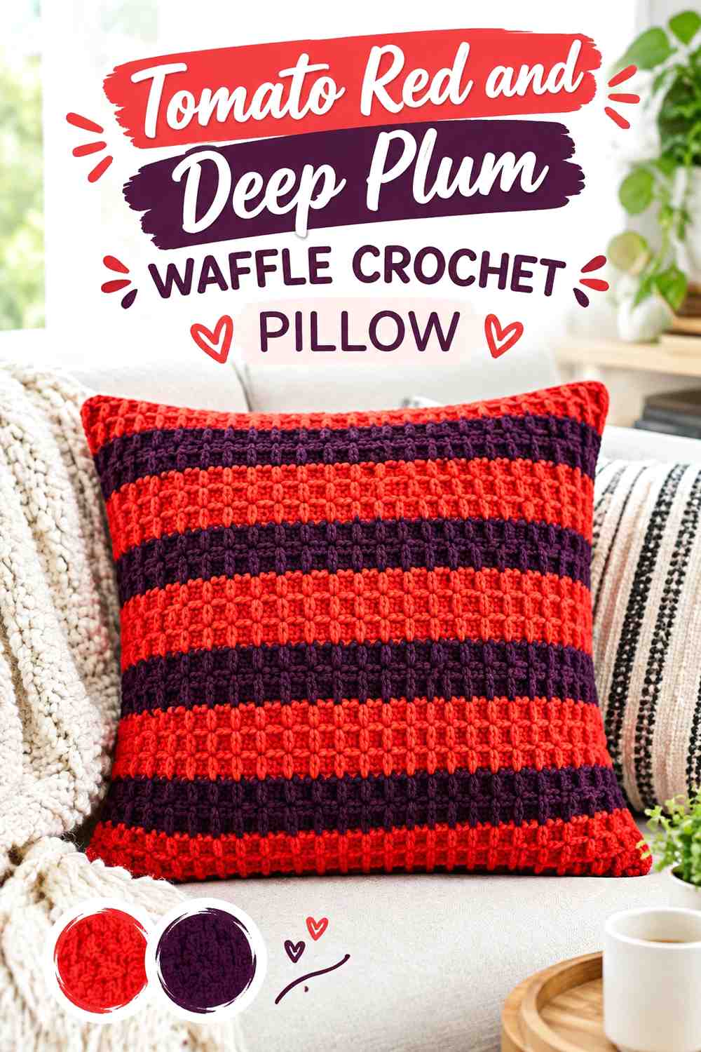 4. Tomato Red And Deep Plum Waffle Crochet Pillow