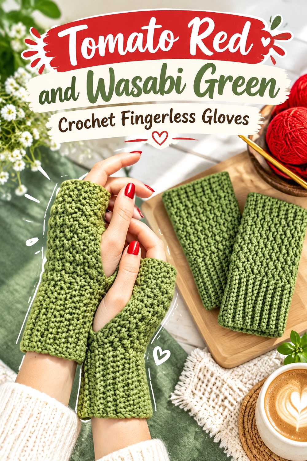 15. Tomato Red And Wasabi Crochet Fingerless Gloves