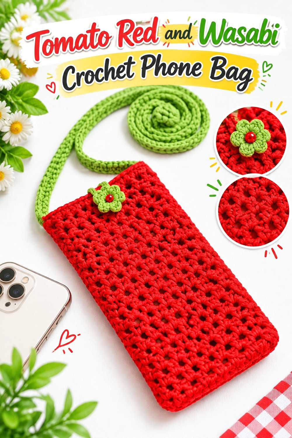17. Tomato Red And Wasabi Crochet Phone Bag