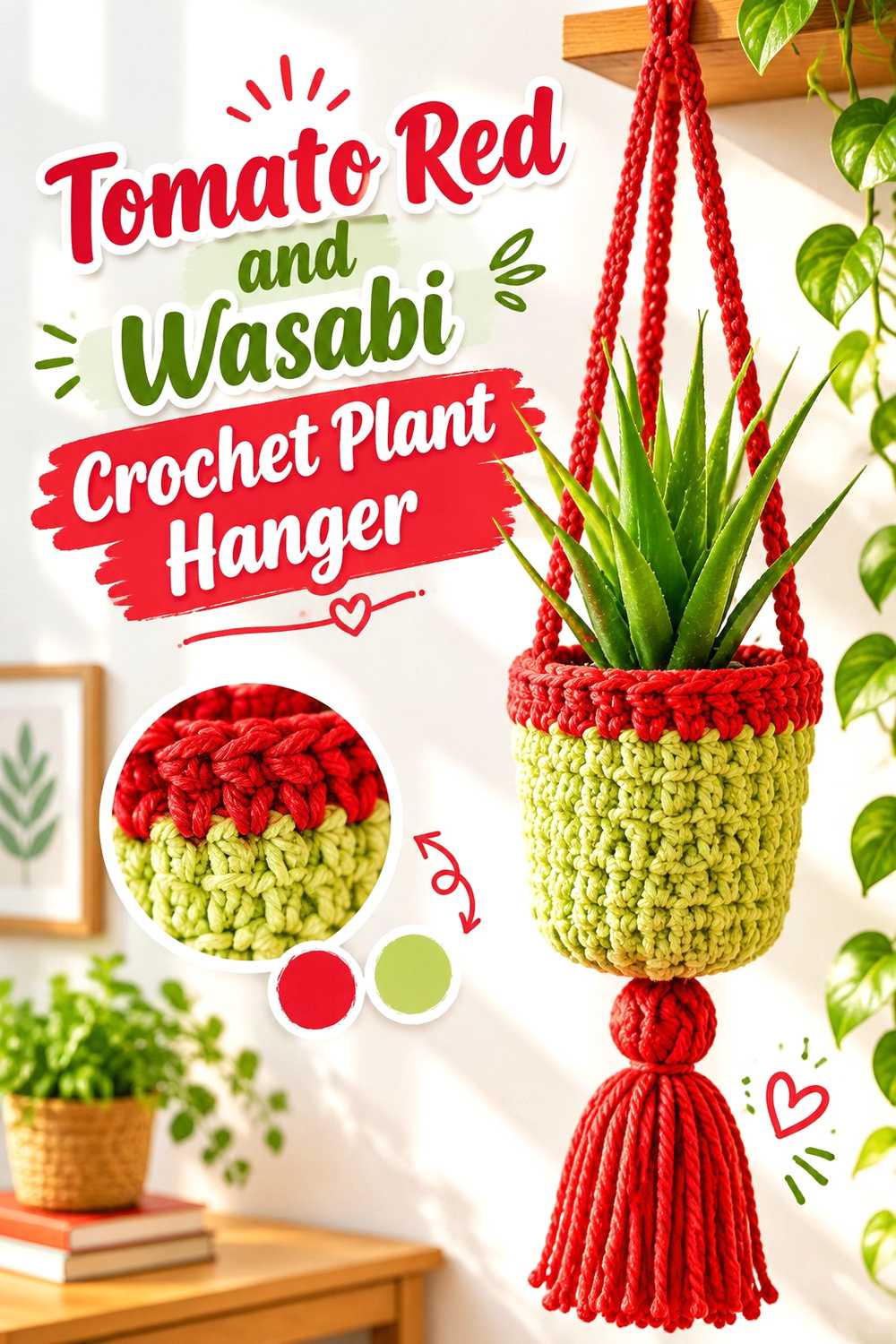 11. Tomato Red And Wasabi Crochet Plant Hanger