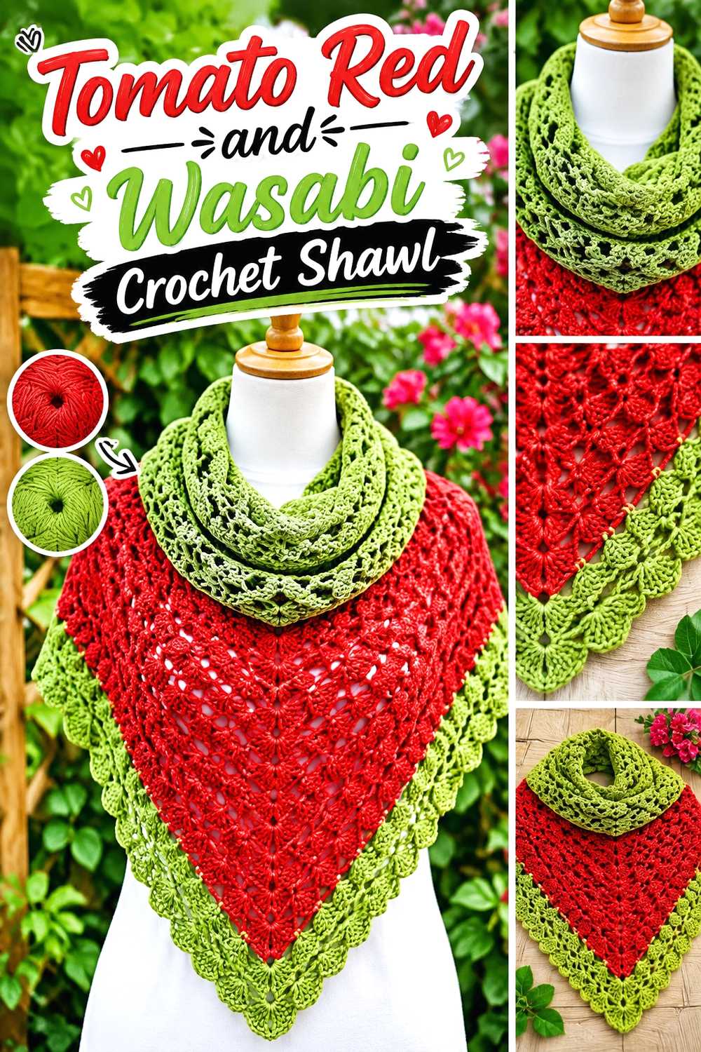 7. Tomato Red And Wasabi Crochet Shawl