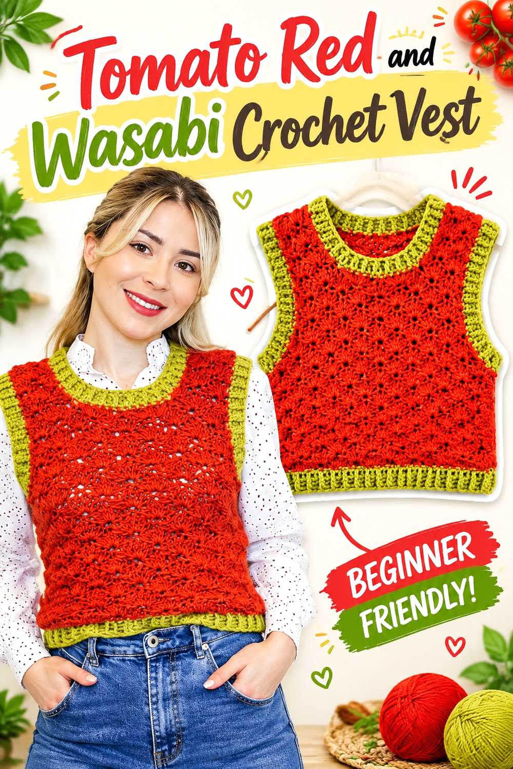 3. Tomato Red And Wasabi Crochet Vest