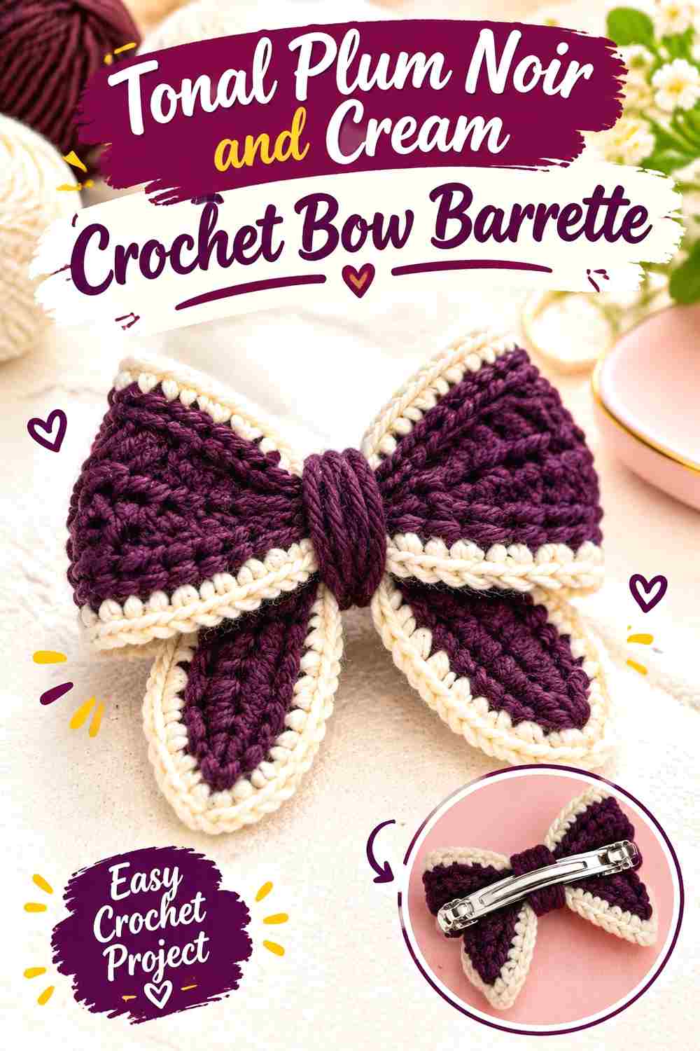 12. Tonal Plum Noir And Cream Crochet Bow Barrette