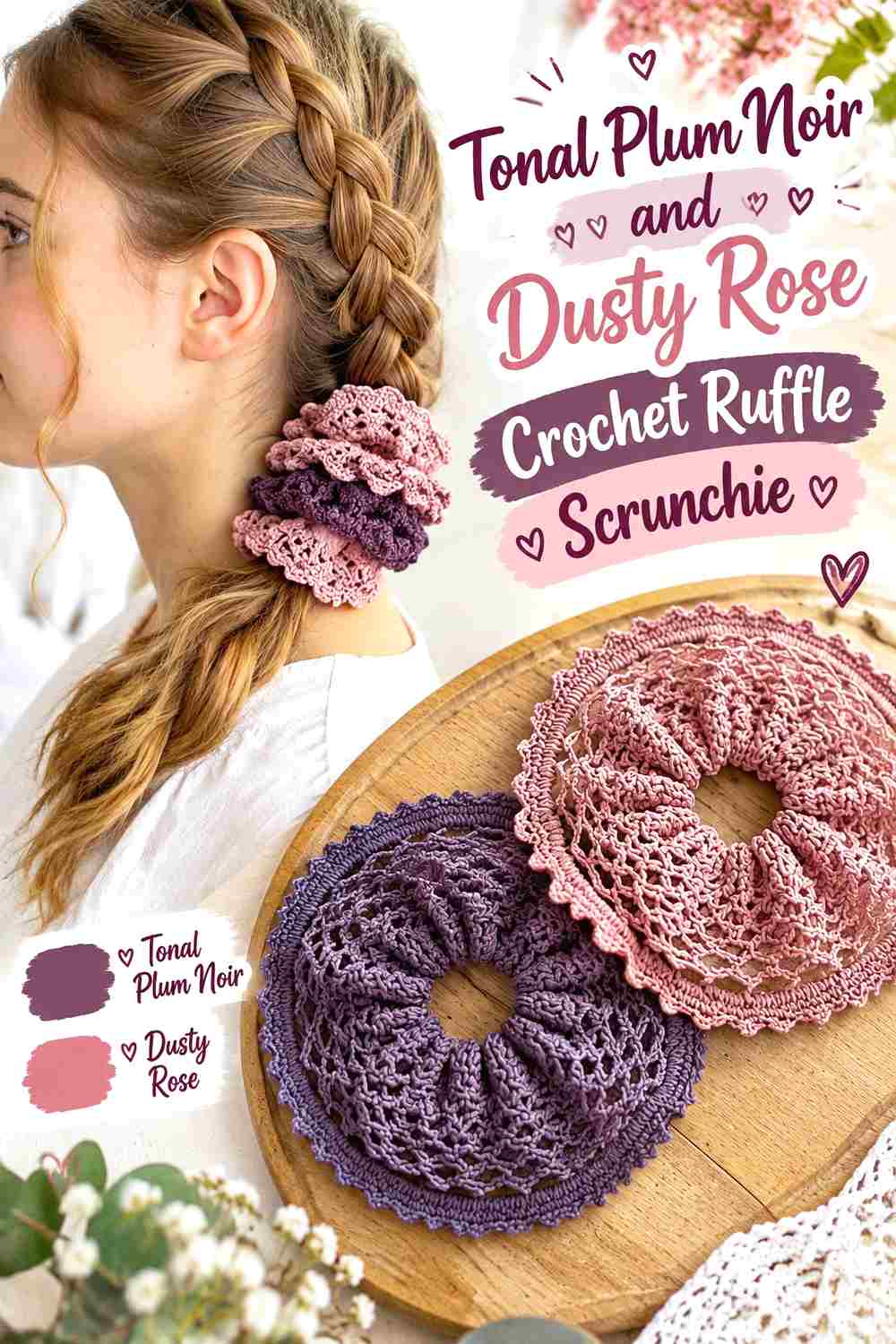 10. Tonal Plum Noir And Dusty Rose Crochet Ruffle Scrunchie