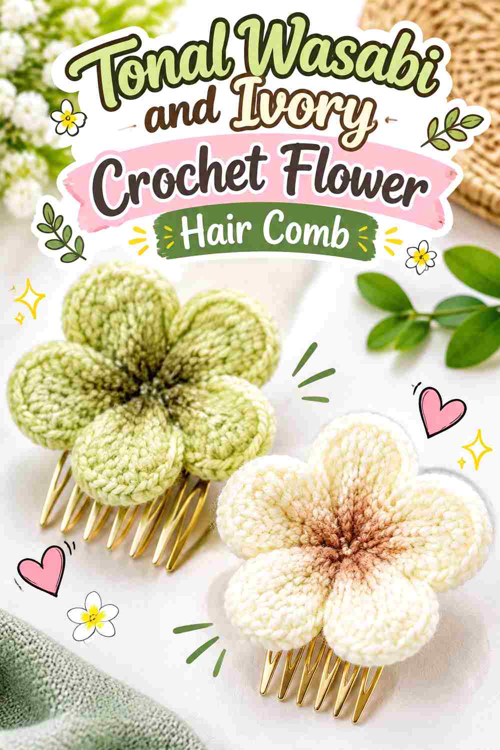 15. Tonal Wasabi And Ivory Crochet Flower Hair Comb