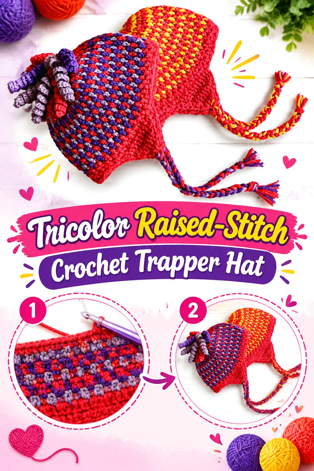 Tricolor Raised Stitch Crochet Trapper Hat