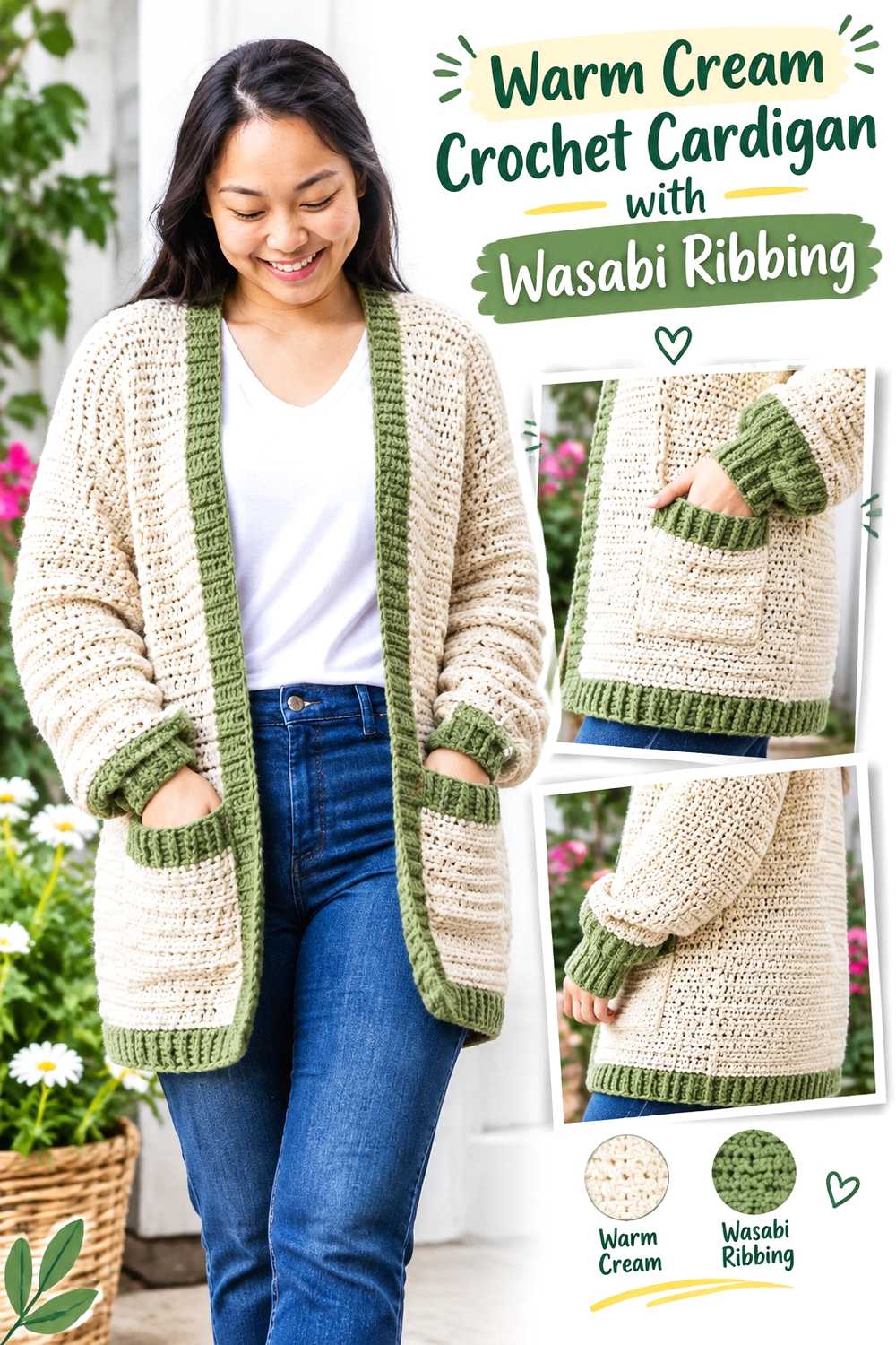 1. Warm Cream Crochet Cardigan With Wasabi Ribbing