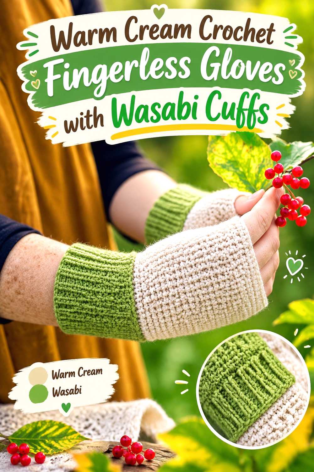 12. Warm Cream Crochet Fingerless Gloves With Wasabi Cuffs