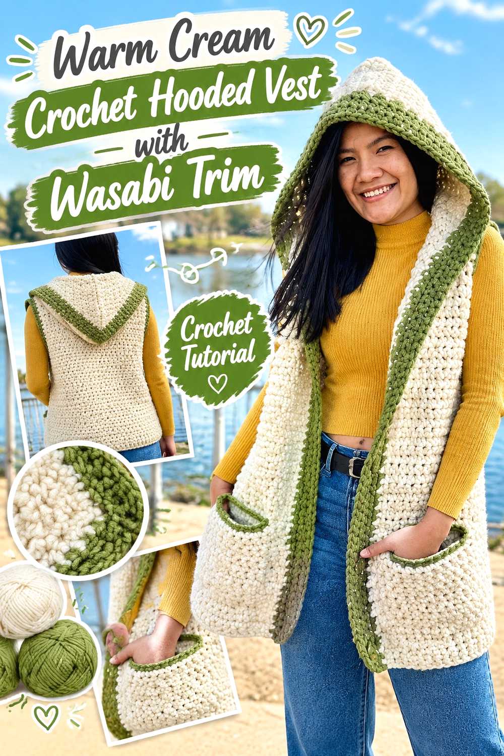 8. Warm Cream Crochet Hooded Vest With Wasabi Trim