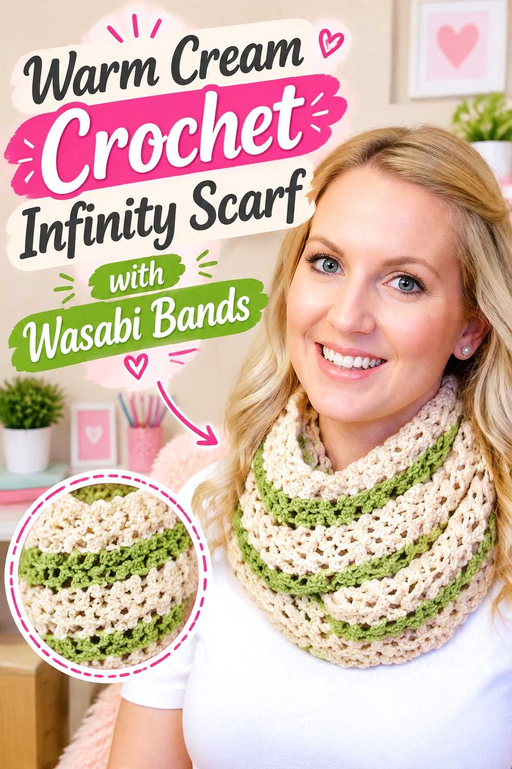 10. Warm Cream Crochet Infinity Scarf With Wasabi Bands