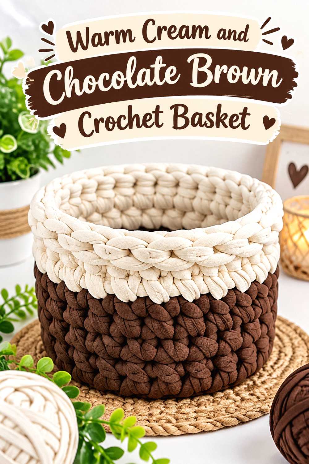 8. Warm Cream And Chocolate Brown Crochet Basket