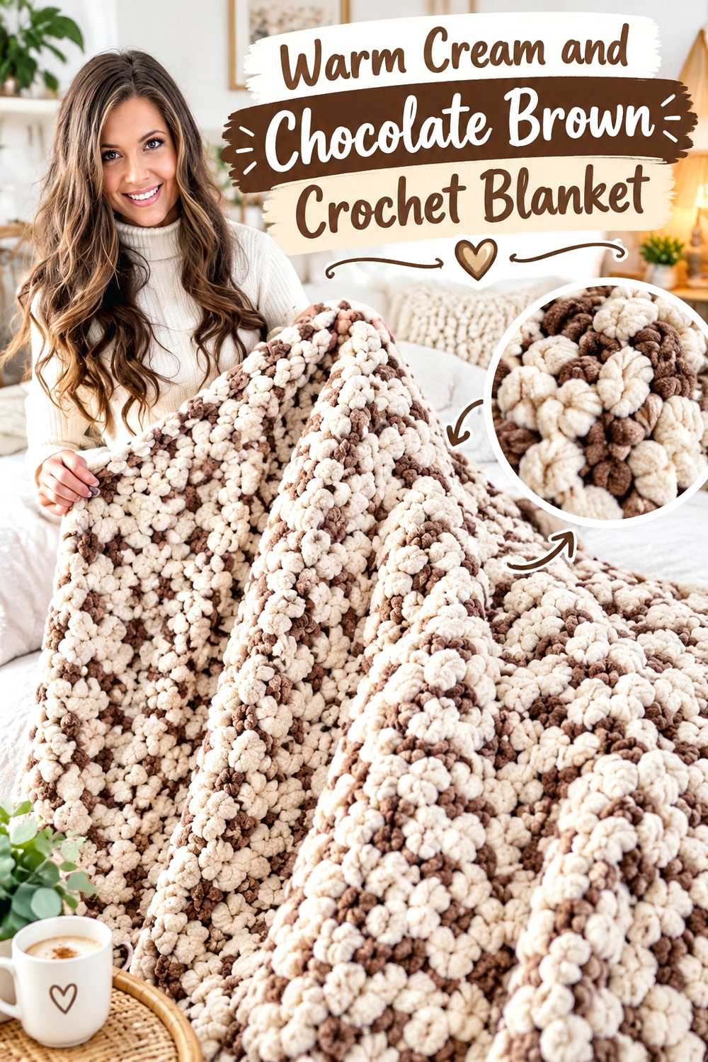 4. Warm Cream And Chocolate Brown Crochet Blanket
